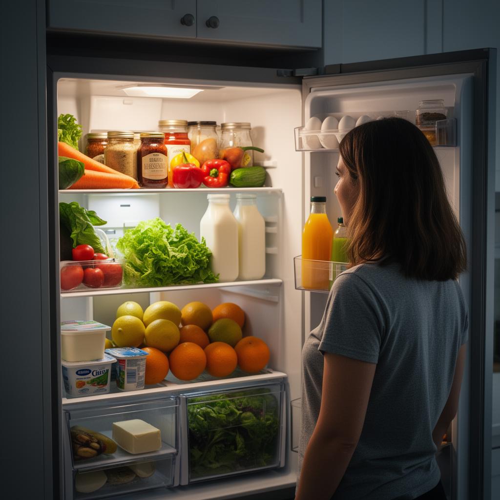Person staring into open fridge at night